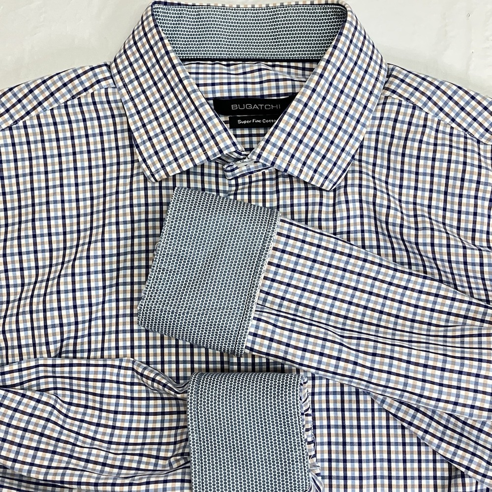 Bugatchi Mens White Blue Plaid Contrasting Trim Long Slv Button Dn Shirt Size L